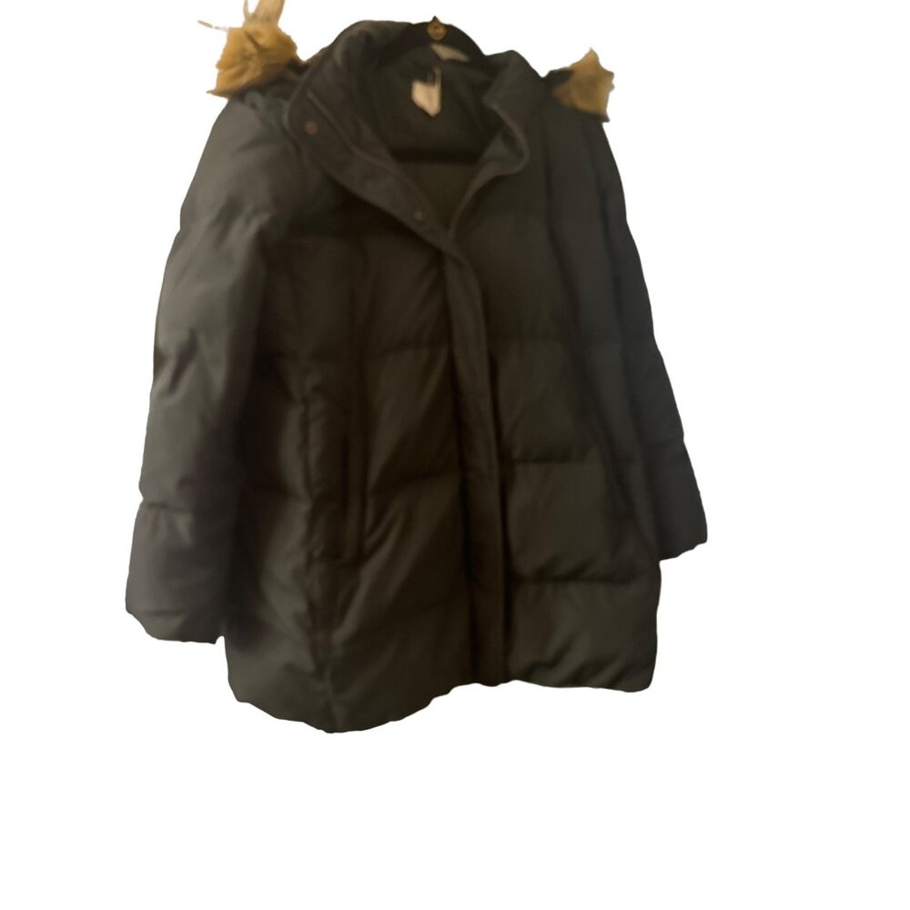 J.Jill Womens Down Puffer Coat W/ Faux Fur Hood Petite L Made In Indonesia 80% D